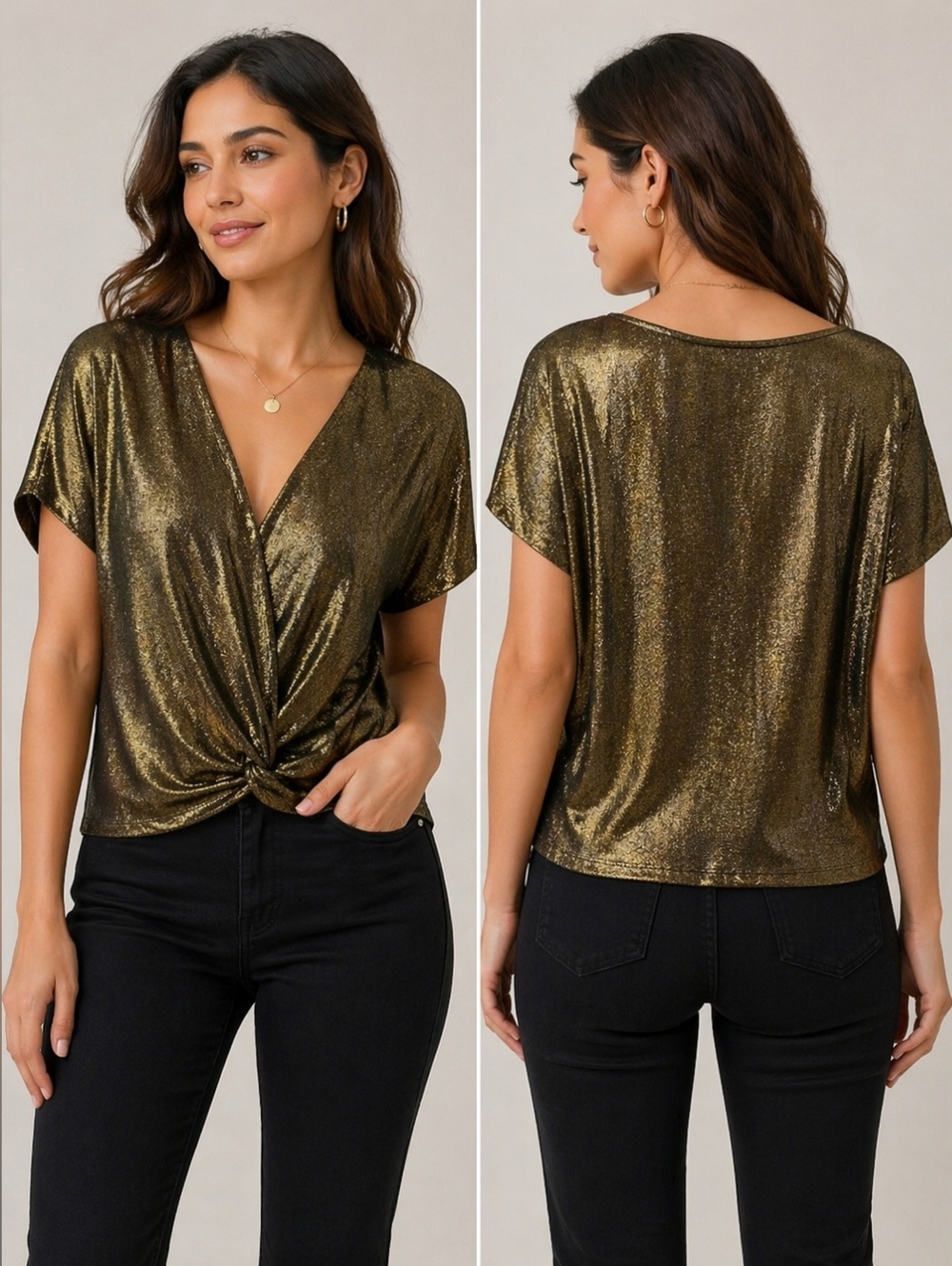 Code x Mode Gold Metallic Tie Front Blouse